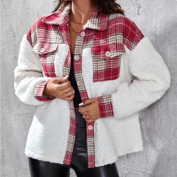 New Teddy jacket button up white and plaid - Picture 1 of 7